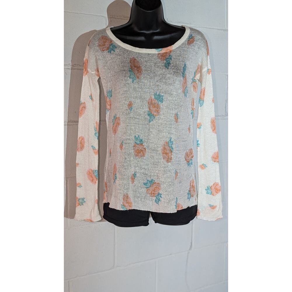 Black Poppy Floral Long Sleeve Top Lightweight Knit Sweater Pullover Xsmall